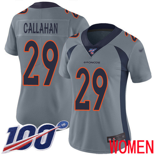 Women Denver Broncos #29 Bryce Callahan Limited Silver Inverted Legend 100th Season Football NFL Jersey